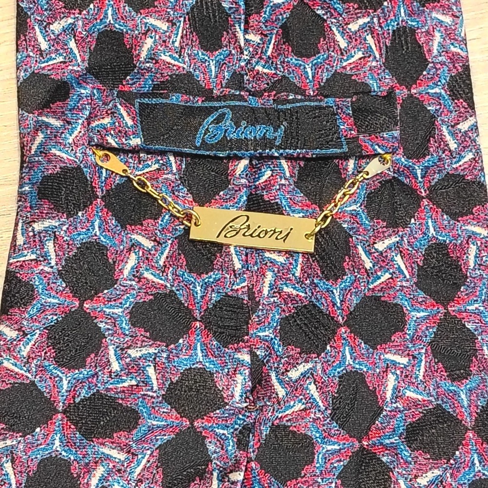 Brioni Roma Silk Tie Mens Blue Red Black Geometric Pattern Handmade Italy Luxury